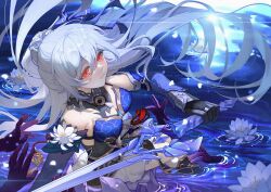 1girl artist_name bare_shoulders black_gloves blue_dress breasts closed_mouth commentary_request crystal_sword detached_sleeves dress floating_hair flower ghost_hands gloves hair_between_eyes hair_ornament highres holding holding_sword holding_weapon honkai:_star_rail honkai_(series) jingliu_(honkai:_star_rail) left-handed light_frown long_hair looking_at_viewer medium_breasts morte_(morte00097530) ponytail red_eyes sitting soaking_feet solo sword very_long_hair water weapon white_flower white_hair