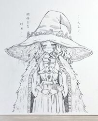 1girl cape commentary_request cracked_skin elden_ring extra_arms extra_faces fur_cape graphite_(medium) greyscale hat highres large_hat monochrome one_eye_closed photo_(medium) ranni_the_witch robe seishun_dendeke solo traditional_media translation_request witch_hat