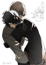 2boys absurdres akechi_gorou amamiya_ren black_gloves black_hair black_jacket cowboy_shot gloves grey_jacket highres hug jacket male_focus multiple_boys ore_iuse persona persona_5 short_hair sketch speech_bubble translation_request twitter_username white_background