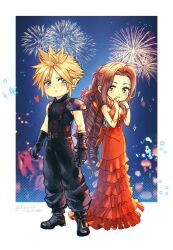 1boy 1girl aerith_gainsborough aerith_gainsborough_(red_dress) armlet armor back_bow baggy_pants bandaged_arm bandages bare_shoulders belt black_footwear black_gloves blonde_hair blue_eyes blue_shirt blush boots border bow bracelet breasts brown_belt brown_hair cloud_strife dated dress final_fantasy final_fantasy_vii final_fantasy_vii_remake fireworks flamenco_dress flower frilled_dress frills full_body gloves green_eyes hair_flower hair_ornament hair_ribbon hand_to_own_mouth heart highres jewelry kay-i long_dress long_hair looking_at_another medium_breasts multiple_belts official_alternate_costume pants parted_bangs parted_lips ponytail red_dress red_flower red_ribbon ribbon ringlets shirt short_hair shoulder_armor sidelocks single_bare_shoulder single_shoulder_pad sleeveless sleeveless_shirt sparkle spiked_hair square_enix standing strapless strapless_dress twitter_username wall_market wavy_hair white_border