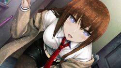1girl arm_strap belt bent_over black_pantyhose black_shorts blue_eyes blush breast_pocket brown_hair brown_jacket collared_shirt door door_handle doorway dutch_angle exhausted eyelashes game_cg hair_between_eyes hand_up highres huke indoors jacket jacket_partially_removed leaning_forward leather_belt long_hair long_sleeves looking_at_viewer makise_kurisu narrowed_eyes necktie non-web_source official_art open_mouth pantyhose pantyhose_under_shorts pocket purple_eyes purple_trim red_necktie ringed_eyes shiny_lips shirt shorts smile solo square_pupils steins;gate sweat sweatdrop thick_thighs thighs tongue white_belt
