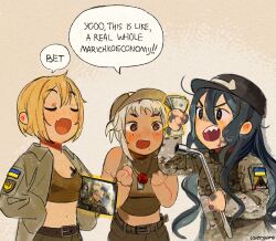 3girls ahoge azov_battalion bad_link blonde_hair blush breasts brown_jacket camouflage camouflage_jacket chibi closed_eyes crank crop_top dirty dirty_face fang furrowed_brow georgian_flag georgian_legion grease_(mechanical) green_hair hand_on_own_hip hat highres holding jacket kraken_(japanon) kraken_regiment long_hair marichka medium_breasts medium_hair midriff military military_uniform mole multiple_girls navel nika_(usergore) original pants ponytail russo-ukrainian_war scar scar_on_arm sharp_teeth short_hair single_sidelock skin_fang smile tan tanline teeth ukraine ukrainian_flag usergore white_hair