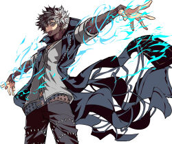 1boy absurdres belt black_coat boku_no_hero_academia coat cowboy_shot dabi_(boku_no_hero_academia) grey_hair highres kg_kkgg male_focus navel outstretched_arms scar scar_on_arm scar_on_face short_hair simple_background solo spread_arms stitched_arm stitched_face stitches studded_belt white_background
