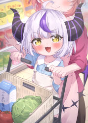 Rule 34 | 2girls, :d, aged down, ahoge, black skirt, blue shirt, blush, brown hair, collared shirt, commentary request, demon horns, dress shirt, fang, grey hair, head out of frame, highres, hololive, horns, indoors, la+ darknesss, looking at viewer, masaki (msk064), multicolored hair, multiple girls, open mouth, overall skirt, purple hair, purple shirt, shirt, shopping cart, skirt, smile, streaked hair, takane lui, tile floor, tiles, v-shaped eyebrows, virtual youtuber, white hair, yellow eyes