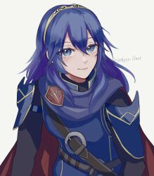1girl armor blue_eyes blue_gloves brand_of_the_exalt cape closed_mouth fire_emblem fire_emblem_awakening gloves hair_between_eyes highres kyashii_(cathyyy_illust) long_hair long_sleeves looking_at_viewer lucina_(fire_emblem) nintendo red_cape shoulder_armor smile solo tiara twitter_username upper_body white_background
