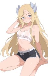 1girl absurdres black_shorts blonde_hair blush bra breasts duel_monster ecclesia_(yu-gi-oh!) facial_mark forehead_mark highres horns kneeling long_hair medium_breasts nbee_ya shorts simple_background solo underwear white_background white_bra yu-gi-oh!