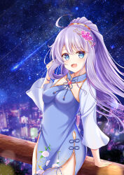 1girl ahoge blue_eyes blue_hair breasts emn flower hair_flower hair_ornament highres iris_mysteria! long_hair looking_at_viewer medium_breasts night open_mouth ponytail priscilla_marcell_de_palvin reclining side_slit sky smile star_(sky) starry_sky