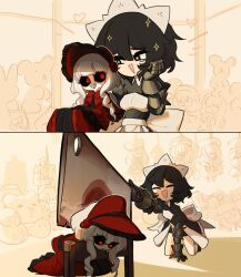 1girl :&lt; :d apron armor black_eyes black_hair black_sclera black_shirt black_shoes black_skirt centurii-chan cleaver closed_eyes closed_mouth colored_sclera commentary doll english_commentary executioner_maid_(apprentice)_(centurii-chan) frilled_skirt frills gauntlets hair_between_eyes hand_up heart highres holding holding_cleaver holding_weapon maid maid_headdress open_mouth original puffy_sleeves red_eyes sharp_teeth shirt shoes short_hair skirt smile sparkle sparkling_eyes stuffed_toy teeth triangle_mouth unconventional_maid waist_apron weapon white_apron white_hair