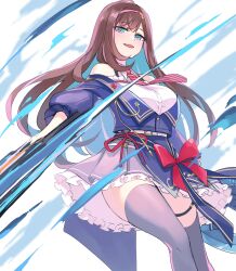 1girl aqua_eyes aqua_hair arm_at_side assault_lily bare_shoulders belt belt_buckle black_thighhighs blood blood_spray blue_blood blue_jacket blue_ribbon blue_skirt bow breasts brown_hair buckle colored_inner_hair commentary_request detached_collar diagonal-striped_clothes diagonal-striped_necktie feet_out_of_frame frilled_shirt frilled_skirt frills hairband halter_shirt halterneck hand_up high-waist_skirt highres holding holding_weapon ishizuka_fujino jacket large_breasts looking_at_viewer mila_(yuta27315) miniskirt multicolored_hair necktie o-ring o-ring_thigh_strap off_shoulder official_alternate_costume outstretched_arm parted_lips pink_hairband puffy_sleeves red_bow red_necktie red_ribbon ribbon shirt skirt slashing smile solo standing striped_clothes thigh_strap thighhighs three-quarter_sleeves two-tone_hair weapon white_background white_belt white_shirt zettai_ryouiki