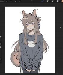 1girl akmizuk animal_ears art_program_in_frame blush brown_hair commentary commission dog_ears dog_girl dog_tail english_commentary grey_sweater long_hair long_sleeves looking_at_viewer parted_lips purple_eyes second-party_source sendai_hazuki shuuniichido_classmate_wo_kau_hanashi solo sweater tail