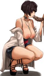 1girl bad_feet bare_shoulders belt black_choker black_dress black_hair black_sandals breasts breasts_out choker coat collarbone cum cumdrip dark-skinned_male dark_skin dress fellatio hand_up hetero high_heels highres jewelry lab_coat large_areolae large_breasts legs long_sleeves nail_polish necklace nipples off_shoulder open_clothes open_coat open_mouth oral penis persona persona_5 red_belt sandals shadow short_dress short_hair simple_background squatting stiletto_heels strappy_heels takemi_tae tan tanline thick_thighs thighs toenail_polish toenails white_background white_coat xiiicaelum