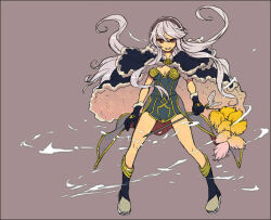 1girl bad_id black_boots black_cape black_gloves boots breasts brown_background cape cleavage dress full_body fur-trimmed_cape fur-trimmed_gloves fur_trim gloves grey_boots grey_dress grey_hair headphones high_wizard_(ragnarok_online) holding holding_wand lala_(sputnik) long_hair looking_at_viewer medium_breasts multicolored_boots open_mouth ragnarok_online short_dress simple_background smile solo two-tone_boots very_long_hair wand