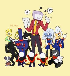 Rule 34 | 1girl, 6+boys, ant tenna, belt buckle, black pants, black pantyhose, black shoes, blue dress, blue jacket, blue pants, blush stickers, boots, bow, bowtie, buckle, crossed arms, crt, deltarune, dress, elnina (deltarune), full body, gloves, grey eyes, grey hair, height difference, highres, holding, holding paper, holding pointer, jacket, l2aiq, lanino (deltarune), medium hair, multiple boys, necktie, object head, orange gloves, pants, pantyhose, paper, pippins (deltarune), pointer, pointy nose, ramb (deltarune), red bow, red bowtie, shadowguy (deltarune), shoes, short hair, shuttah (deltarune), simple background, size difference, smile, speech bubble, spoken arrow, standing, tailcoat, twitter username, white gloves, yellow background, yellow boots, yellow necktie, yellow shoes, zapper (deltarune)