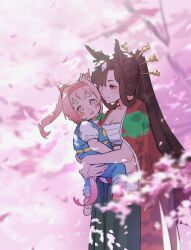 2girls aged_down akitsu_teio_(umamusume) animal_ears blush bow brown_hair cherry_blossoms chest_sarashi commentary_request ear_bow ear_covers ear_ribbon eyeshadow flower-shaped_pupils green_ribbon haru_urara_(umamusume) headband highres horse_ears horse_girl horse_tail kimono_on_shoulders kouhaku_nawa long_hair makeup multicolored_hair multiple_girls open_mouth outdoors overalls pink_eyes pink_hair pink_headband ponytail red_eyes red_eyeshadow ribbon rope sarashi shimenawa shirasu_(ewokakushirasu) streaked_hair symbol-shaped_pupils symbol_in_eye tail umamusume umamusume:_cinderella_gray white_hair