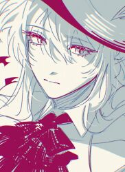 Rule 34 | 1girl, arknights, ascot, closed mouth, commentary request, hair between eyes, hat, highres, korean commentary, long hair, looking at viewer, nills, pink ascot, portrait, skadi (arknights), solo, spot color
