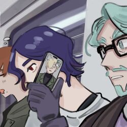 Rule 34 | 4boys, beard, blonde hair, blue hair, brown hair, cellphone, challia bull, char aznable, closed eyes, facial hair, glasses, gloves, green eyes, green hair, gundam, gundam gquuuuuux, hair over one eye, highres, holding, holding phone, jacket, male focus, man looks at himself on someone&#039;s phone (meme), meme, mole, mole under mouth, multiple boys, mustache, phone, red eyes, shirouzu (gundam), shirt, short hair, shuji ito, sleeping, smartphone, train interior, video call, xavier olivette, z pom