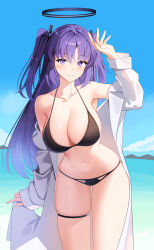 1girl absurdres arm_up bikini black_bikini blue_archive blue_hair blush breasts cleavage closed_mouth collared_shirt commentary cowboy_shot highres large_breasts long_hair long_sleeves looking_at_viewer navel open_clothes open_shirt outdoors purple_eyes shirt skindentation sob_(submar1089) solo stomach swimsuit thigh_strap thighs two_side_up water white_shirt yuuka_(blue_archive)