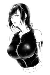 1girl absurdres arm_ribbon arms_behind_back bare_shoulders black_hair black_vest breasts collarbone cropped_torso earrings final_fantasy final_fantasy_vii final_fantasy_vii_advent_children greyscale highres jewelry kirinomon large_breasts lips long_hair looking_at_viewer midriff_peek monochrome navel notice_lines ribbon single_earring solo swept_bangs tifa_lockhart twitter_username upper_body vest white_background zipper