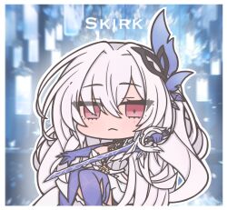 1girl :&lt; ai-assisted ai-generated_background artist_name azurelight_(genshin_impact) bare_shoulders blue_thighhighs blurry blurry_background blush border breasts character_name chibi chibi_only closed_mouth commentary dress feet_out_of_frame futaba_(anti_clockwise) genshin_impact hair_between_eyes hair_intakes hair_ornament highres holding holding_weapon light_particles long_hair looking_at_viewer medium_breasts pink_eyes skirk_(genshin_impact) solo symbol-only_commentary thighhighs triangle_mouth very_long_hair weapon white_border white_dress white_hair