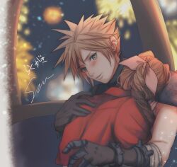 1boy 1girl aerith_gainsborough arm_around_back armor bandaged_arm bandages blonde_hair blue_eyes blush braid braided_ponytail brown_gloves brown_hair cloud_strife couple cropped_jacket earrings final_fantasy final_fantasy_vii final_fantasy_vii_rebirth final_fantasy_vii_remake fireworks gloves gondola hair_between_eyes hair_ribbon hand_on_another&#039;s_chest hetero highres hug jacket jewelry long_hair looking_at_another parted_bangs parted_lips pink_ribbon red_jacket ribbon short_hair shoulder_armor single_braid single_earring sleeveless sleeveless_turtleneck spiked_hair suspenders turtleneck upper_body yuu_crazy_doll_sae