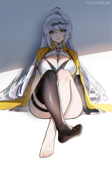 1girl blush breasts cleavage hair_ornament hairclip highres large_breasts long_hair looking_at_viewer parted_lips single_thighhigh sitting solo thighhighs tofuubear vest white_hair yellow_eyes yellow_vest yi_xuan_(zenless_zone_zero) yin_yang_pin zenless_zone_zero