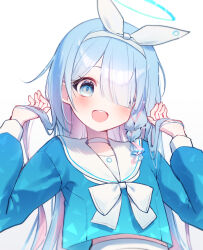 1girl absurdres alternate_hair_length alternate_hairstyle arona_(blue_archive) blue_archive blue_eyes blue_hair blue_shirt blush bow braid colored_inner_hair commentary hair_over_one_eye hairband hand_in_own_hair highres long_hair looking_at_viewer lovelykirby_125 multicolored_hair open_mouth pink_hair sailor_collar shirt sidelocks single_braid skirt solo symbol-only_commentary teeth two-tone_hair upper_teeth_only white_bow white_hairband white_sailor_collar white_skirt