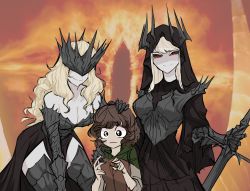 1boy 2girls armor armored_dress bare_shoulders black_eyes black_sclera blonde_hair breastplate breasts brown_hair centurii-chan character_request check_character cleavage cloak closed_mouth collarbone colored_sclera commentary covered_eyes dress english_commentary eye_of_sauron frodo_baggins gauntlets genderswap genderswap_(mtf) headpat height_difference highres holding holding_jewelry holding_ring holding_sword holding_weapon hood hood_up hooded_cloak jewelry large_breasts long_hair medium_breasts multiple_girls nazgul nervous pale_skin pelvic_curtain platinum_blonde_hair red_eyes red_pupils ring sauron smile sword the_lord_of_the_rings the_one_ring thighhighs tolkien&#039;s_legendarium visor_(armor) weapon
