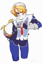 1girl androgynous bandages blonde_hair braid female_focus gloves highres kirin62 long_hair looking_at_viewer mask nintendo pointy_ears red_eyes reverse_trap sheik solo surcoat the_legend_of_zelda the_legend_of_zelda:_ocarina_of_time