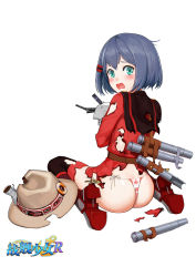 Rule 34 | 1girl, ass, belt, black thighhighs, blue hair, blush, butt crack, canadian flag, canadian flag print, cannon, cape, copyright name, damaged, embarrassed, female focus, flag print, full body, g-string, green eyes, haida (warship girls r), hair ornament, hairclip, hat, jacket, jiaoshouwen, lifebuoy, looking at viewer, looking back, machinery, mountie, no pants, official art, open mouth, panties, police, propeller, red jacket, royal canadian mounted police, ship turret, short hair, sitting, smokestack, solo, swim ring, thighhighs, thong, tongue, torn clothes, underwear, unworn hat, unworn headwear, wariza, warship girls r, white background