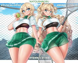 2girls absurdres ball blonde_hair blue_eyes breasts commentary contrast_collar cosplay covered_underboob fence green_shorts green_skirt hair_ornament hairclip highres holding holding_tennis_racket kantai_collection katou_shinobu large_breasts long_hair looking_at_viewer midriff miniskirt minneapolis_(kancolle) minneapolis_(kancolle)_(cosplay) minneapolis_(tennis)_(kancolle) multiple_girls official_alternate_costume pleated_skirt polo_shirt racket shirt shorts shorts_under_skirt skirt sky smile sportswear tennis_ball tennis_racket tennis_skirt tennis_uniform tuscaloosa_(kancolle) two_side_up wavy_hair white_shirt