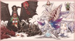 &gt;_&lt; 1boy 1girl armor bamboo blood chosen_undead closed_eyes crystal dark_souls_(series) dark_souls_i dragon eating everlasting_dragon food fromsoftware full_armor fur gaping_dragon hagoita hellkite_dragon highres horns kadomatsu kagami_mochi kite knight long_hair mochi new_year paddle priscilla_the_crossbreed scythe seath_the_scaleless solaire_of_astora stone_dragon sun_symbol tail tail_wagging tatsuya_(artist) tatsuya_(atelier_road) visor_(armor) wagashi weapon white_hair wings