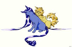 Rule 34 | animal, animal focus, animification, artist name, blonde hair, blue cat, blue fur, blue hair, bort, cat, glint, highres, houseki no kuni, jitome, lj8kf, long hair, no humans, short hair, simple background, very long hair, white background, yellow cat, yellow fur, zircon (houseki no kuni)