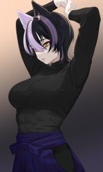 Rule 34 | 1girl, animal ears, blouse, breasts, eushufeal, hakama, highres, japanese clothes, kitsune, mole, muscular, non-web source, original, press, shirt, solo, tsukitami, under eye, yellow eyes