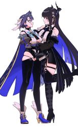 2girls absurdres asymmetrical_horns asymmetrical_legwear black_hair blue_eyes blue_hair bow bow_earrings breasts chain chain_headband clothing_cutout colored_inner_hair commentary detached_sleeves earrings eufrik full_body gloves hair_intakes hair_ornament high_heels highres hololive hololive_english horns jewelry large_breasts leg_lift long_hair looking_at_another mismatched_legwear mole mole_under_eye multicolored_hair multiple_girls nerissa_ravencroft nerissa_ravencroft_(1st_costume) ouro_kronii ouro_kronii_(1st_costume) red_eyes short_hair simple_background skindentation tassel tassel_hair_ornament two-tone_hair underboob_cutout virtual_youtuber white_background