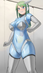 1girl auto_internal_cumshot blue_eyes blue_skin blurry blurry_background blush breasts censored cleavage clenched_hands clenched_teeth colored_skin commentary_request cum dickneck ejaculation elbow_gloves feet_out_of_frame gloves green_hair hair_between_eyes headgear highres long_hair looking_away misplaced_genitals mosaic_censoring navel no_pussy open_mouth original oruka_(kamituki0827) penis penis_neck sidelocks solo teeth thick_thighs thighhighs thighs see-through_body