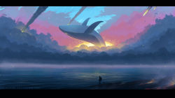 1boy bad_id bad_pixiv_id cloud dog flying_whale highres letterboxed luye_yuan meteor meteor_shower ocean original scenery shooting_star silhouette sketch sky whale