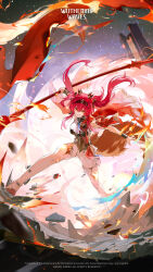 1girl armor black_hairband boots breasts chinese_text commentary english_commentary evil_smile glint hair_between_eyes hairband headgear highres holding holding_polearm holding_weapon large_breasts logo long_hair looking_at_viewer lupa_(wuthering_waves) official_art polearm red_hair smile solo spear tail thigh_boots v-shaped_eyebrows weapon white_boots wolf_tail wuthering_waves yellow_eyes