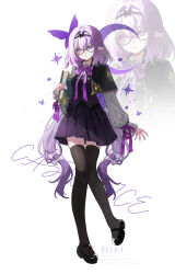 1girl absurdres alternate_costume artist_name bespectacled black-framed_eyewear black_shirt black_shoes black_skirt black_thighhighs black_vest book bow bowtie castorice_(honkai:_star_rail) character_name commentary ellet_j full_body glasses hair_between_eyes hair_bow highres holding holding_book honkai:_star_rail honkai_(series) long_hair long_sleeves looking_at_viewer parted_lips pleated_skirt pointy_ears purple_bow purple_bowtie purple_eyes purple_hair school_uniform shirt shoes simple_background skirt standing thighhighs very_long_hair vest white_background white_bow zettai_ryouiki zoom_layer