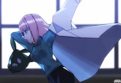 1girl aqua_sweater black-framed_eyewear black_pants blunt_bangs breasts commentary_request dressing from_side gen_5_pokemon glasses green_eyes highres lab_coat medium_breasts nintendo oleana_(pokemon) open_mouth ora_(oraora_oekaki) pants pink_hair pokemon pokemon:_twilight_wings pokemon_(creature) sweater trubbish window
