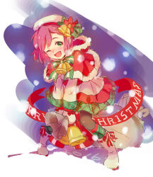 Rule 34 | bell, beret, boots, bow, bowtie, braid, christmas, christmas present, dress, gift, green eyes, hat, highres, hosokawa gracia, layered skirt, mittens, one eye closed, plaid clothes, red hair, santa costume, santa dress, sengoku musou, skirt, smile