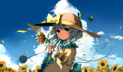 1girl alt_text blue_sky brown_hat bug butterfly closed_mouth cloud commentary_request cumulonimbus_cloud field flower flower_field green_eyes grey_hair hat heart heart_of_string highres holding holding_flower insect komeiji_koishi long_sleeves looking_at_viewer medium_hair outdoors revision sky straw_hat sunflower sunflower_field tami_(joemanyodw) third_eye touhou upper_body