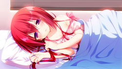 1girl bed blush breasts cleavage female_focus game_cg highres long_hair looking_at_viewer lying mayoeru_futari_to_sekai_no_subete_love_heaven_300_percent mizunomiya_nana on_side pajamas pillow purple_eyes red_hair small_breasts solo under_covers youta