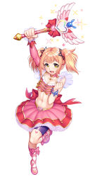1boy androgynous bare_legs bare_shoulders full_body girly_boy highres jumping lapucelle_kakao lilith-soft long_hair magical_boy magical_girl navel open_mouth orange_hair shiny_skin shorts shorts_under_skirt skirt sweat taimanin_(series) taimanin_asagi taimanin_rpgx trap twintails very_long_hair wand yellow_eyes zol