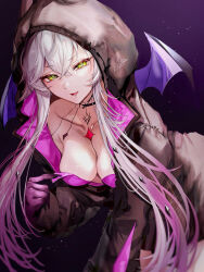1girl absurdres black_hands breasts colored_extremities demon_wings fate/grand_order fate_(series) green_eyes hand_up heart heart-shaped_pupils highres hood hoodie leaning_forward lilith_(fate) lilith_(first_ascension)_(fate) long_hair looking_at_viewer pulling_own_clothes smile solo sow_graden429 symbol-shaped_pupils white_hair wings