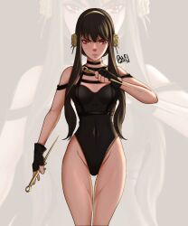 1girl aleuriel artist_logo black_gloves black_hair black_leotard commentary covered_navel dual_wielding fingerless_gloves frown gloves hairband highres holding holding_weapon leotard logo long_hair red_eyes sidelocks solo spy_x_family standing weapon yor_briar zoom_layer