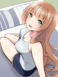 1girl alternate_costume black_shorts blunt_bangs breasts brown_hair commentary_request from_behind futon green_eyes helena_(kancolle) highres kanade_(kanadeya) kantai_collection looking_at_viewer looking_back medium_breasts pillow shorts solo tank_top tatami white_tank_top