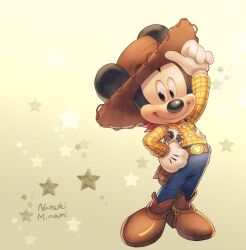 1boy animal_ears black_eyes closed_mouth cosplay disney full_body gloves looking_at_viewer mickey_mouse mickey_mouse_&amp;_friends mouse_boy mouse_ears natsuki_nori sheriff_woody sheriff_woody_(cosplay) shirt simple_background smile solo toy_story white_gloves