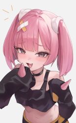 Rule 34 | 1girl, absurdres, bandaid, bandaid hair ornament, bandaid on head, belt, black choker, black shirt, blush, choker, coral (pokemon), crop top, eyelashes, eyeliner, fang, grey background, hair ornament, highres, jun daniell, long sleeves, looking at viewer, makeup, mesugaki, midriff, navel, nintendo, off-shoulder shirt, off shoulder, open mouth, pink eyeliner, pink hair, pokemon, pokemon (anime), pokemon horizons, shirt, simple background, sleeves past fingers, sleeves past wrists, solo, twintails, upper body, yellow belt