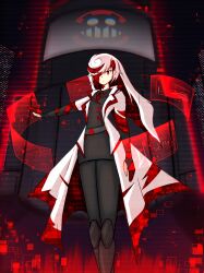 1girl absurdres aged_up alternate_hairstyle coat colored_inner_hair gloves hair_over_one_eye highres holographic_interface looking_at_viewer multicolored_hair necktie outstretched_arm partially_fingerless_gloves pincubepi sage_(sonic) solo sonic_(series) white_coat white_hair