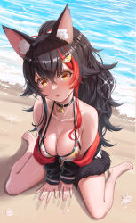 1girl absurdres animal_collar animal_ears barefoot bikini black_collar black_hair black_jacket breasts collar commentary_request crossed_bangs day double-parted_bangs fingernails flipped_hair front-tie_bikini_top front-tie_top full_body gotointhepark hair_between_eyes hair_ornament hairclip halterneck highres hololive jacket jacket_partially_removed large_breasts leaf_print long_hair long_sidelocks looking_at_viewer multicolored_hair official_alternate_costume official_alternate_hairstyle ookami_mio ookami_mio_(hololive_summer_2019) open_mouth outdoors ponytail print_bikini red_hair short_shorts shorts sidelocks sitting sleeves_past_wrists solo spiked_hair streaked_hair swimsuit tail tail_around_own_leg tail_wrap triangle_mouth two-sided_fabric two-sided_jacket very_long_hair virtual_youtuber white_bikini white_shorts wolf_ears wolf_girl wolf_tail yellow_eyes